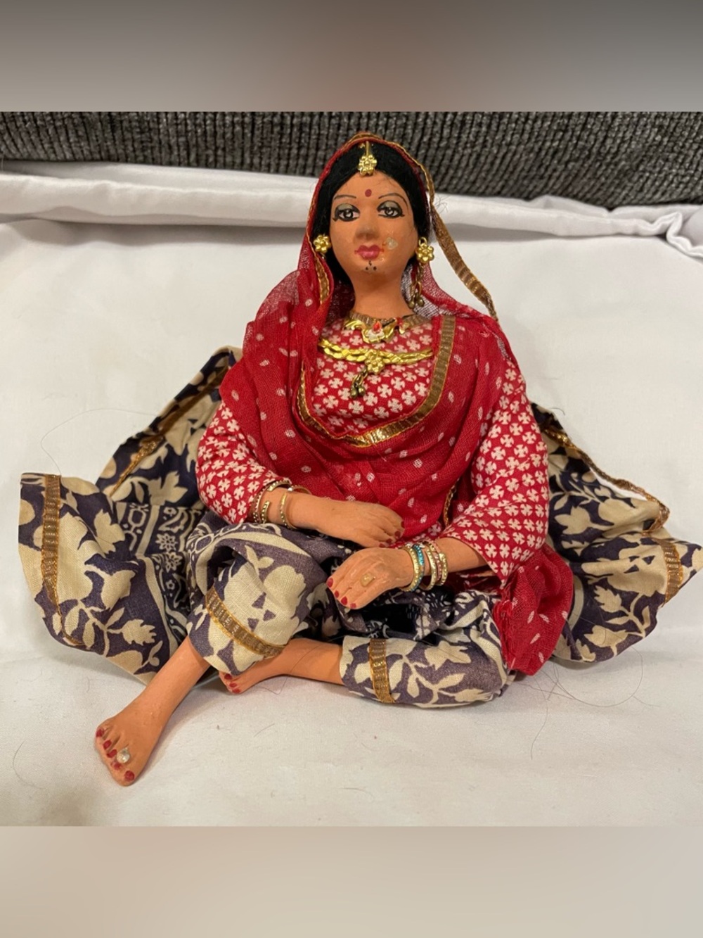 Handcrafted Indian Sitting Doll in Red and Navy Ensemble
